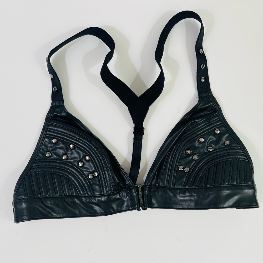 Honey Birdette Bundle Faux Leather Studded Black Bra, Garter Belt with Satin Bag - Picture 7 of 16